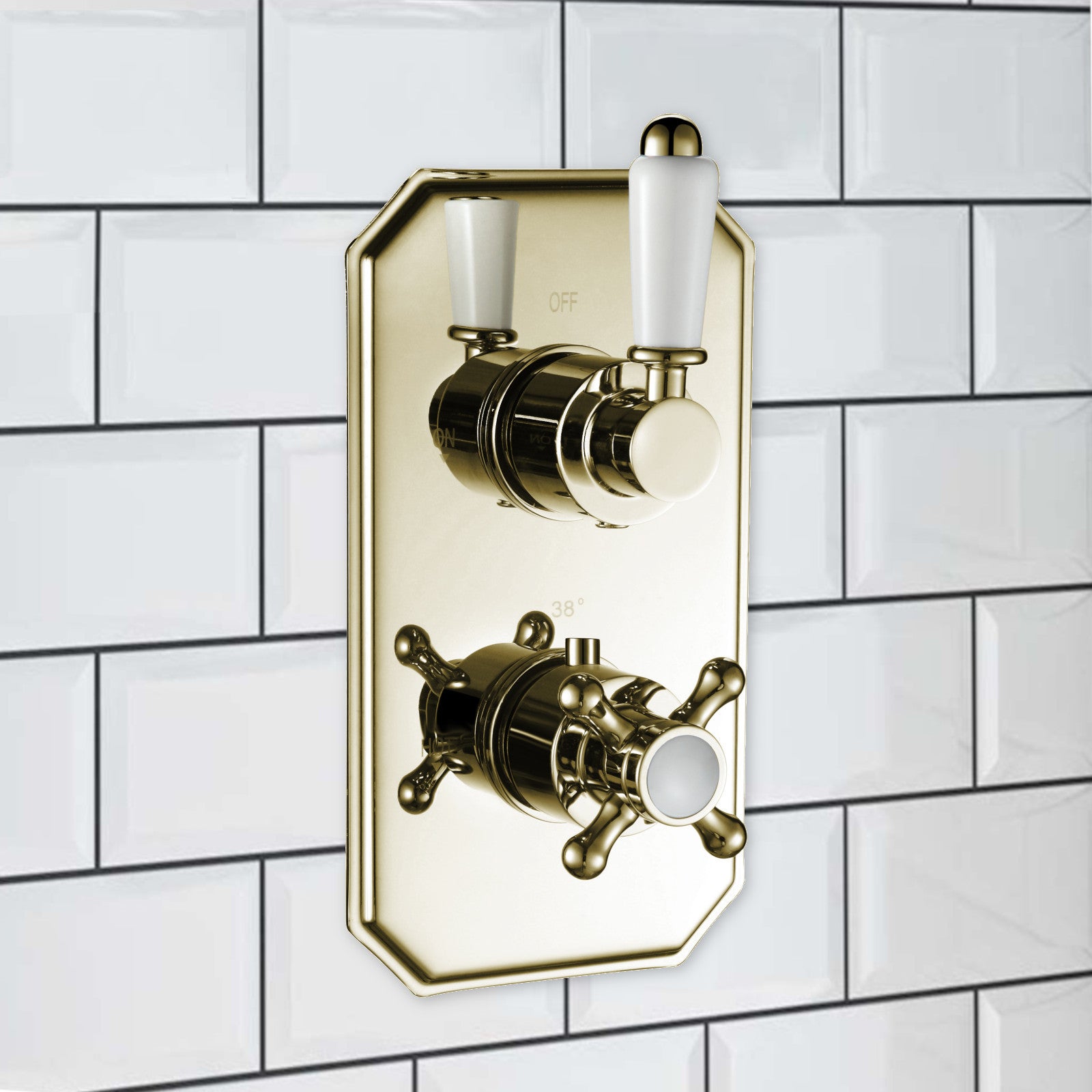 Regent traditional crosshead and white lever concealed thermostatic twin shower valve with 2 outlets - English gold - Showers